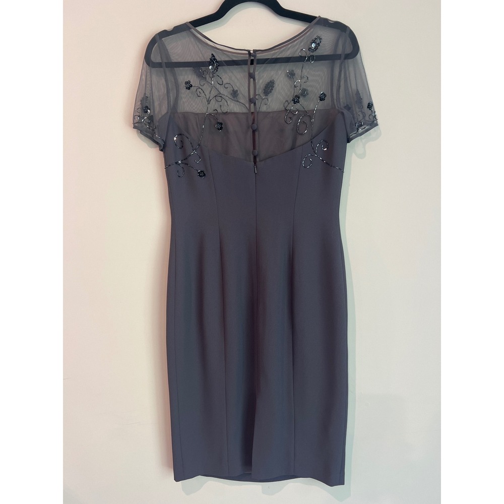 Maggy London Beaded Mesh Yoke Sheath Cocktail‎ Dress Grey Floral Sequin Size 4 - Picture 3 of 7